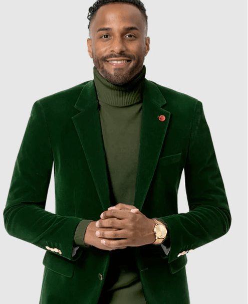 MENS TWO BUTTON MODERN FIT VELVET BLAZER IN HUNTER GREEN