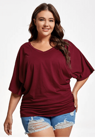 Plus Plain Ruched Batwing Sleeve Tee