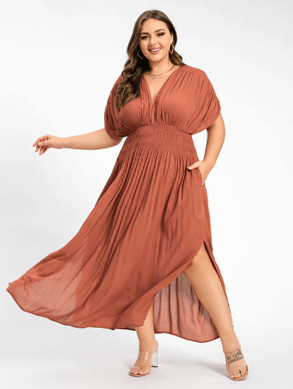 V-Neck Batwing Sleeve Pocket Ruched Waist Maxi Dress